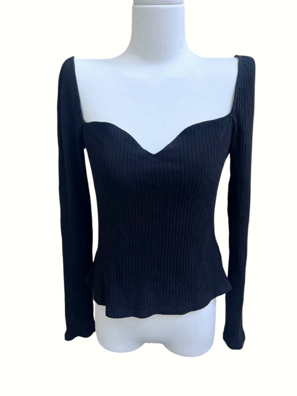 Reformation October Knit Top Long Sleeve Black Sz XL Ribbed Sweetheart Neck